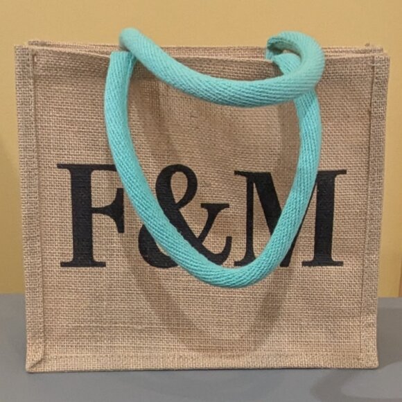 Fortnum & Mason Burlap Tote Bag w/Blue Handles - Like New - Picture 3 of 4